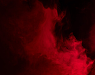 Abstract background of chaotically mixing puffs of red smoke on a dark background