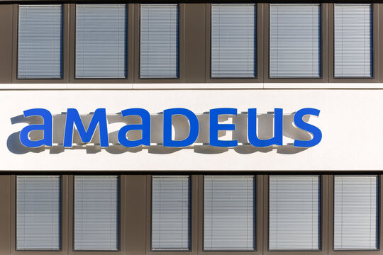 Administration building with logo of the company amadeus with blue lettering in bad homburg, Germany taken on 13.02.2021