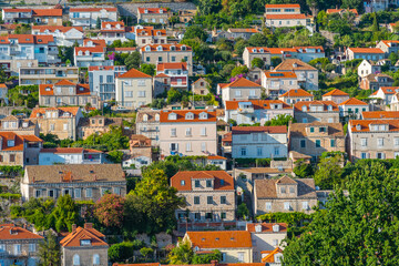 Holiday houses stretching along the shore of Croatia near Dubrovnik
