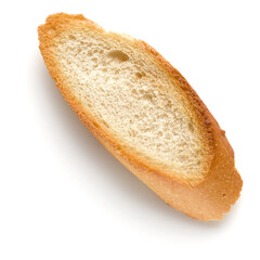 Toasted baguette slice isolated on white background close up.  Toast, crouton.   Top view.