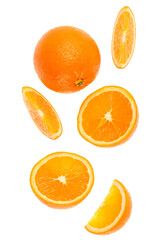 falling fresh orange fruit slices isolated on white background closeup. Flying food concept. Top view. Flat lay. Orange slice in air, without shadow. - 414801679