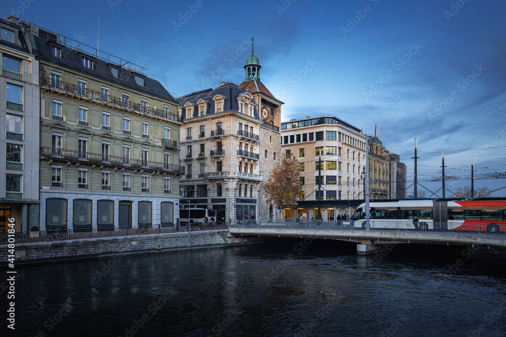 Wall mural Tour de l’Ile Clock Tower at Place Bel-air Square - Geneva, Switzerland