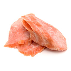 smoked salmon segments isolated on white background cutout. Prepared fish fillet fibres.