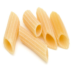 Italian pasta isolated on white background. Pennoni. Penne rigate.