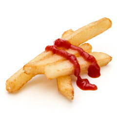 French Fried Potatoes with ketchup isolated on white background