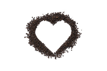 black tea granules isolated on white background. design element. heart symbol made by dry tea heap cut out