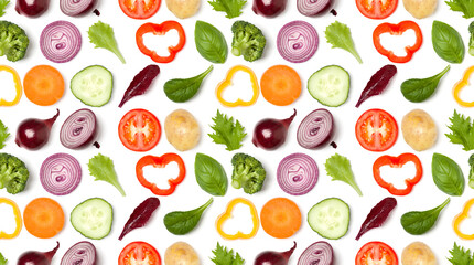 Creative layout made of tomato slice, onion, cucumber, basil leaves. Flat lay, top view. Food concept. Vegetables isolated on white background. Food ingredient seamless pattern.