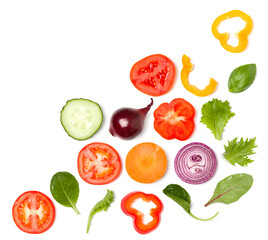 Creative layout made of tomato slice, onion, cucumber, basil leaves. Flat lay, top view. Food concept. Vegetables isolated on white background. Food ingredient pattern with copy space.