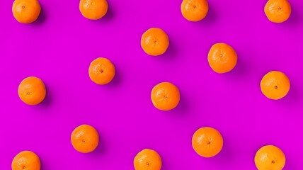 Fruit pattern of fresh orange tangerine or mandarin on lilac background. Flat lay, top view. Pop art design, creative summer concept. Citrus in minimal style.