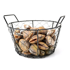 Stacked fresh raw clams on white background