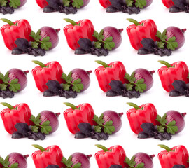 Sweet pepper, onion and basil leaves  still life . Seamless food pattern.