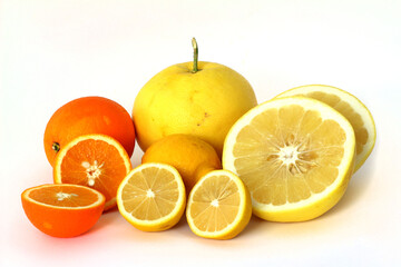 Image of orange, grapefruit and lemon on white background