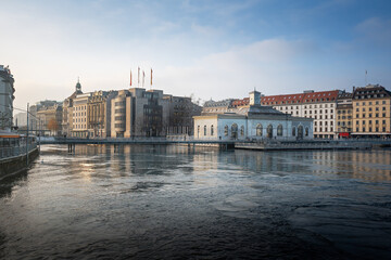 Rhone River and Geneva skyline - Geneva, Switzerland