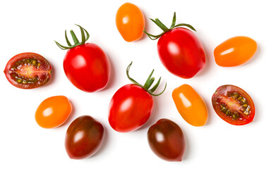 Fototapeta premium various colorful tomatoes isolated on white background. Top view, flat lay. Creative layout.