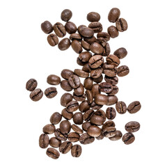 Coffee beans isolated on white background. Top view. Flat lay. Coffee beans flow in air, without shadow.