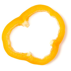 Yellow pepper slice isolated on white background cutout. Top view, flat lay.