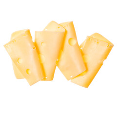 cheese slices isolated on white background. Top view. Flat lay. Cheese slice in air, without shadow.