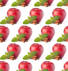 Red apple, cinnamon sticks and mint leaves still life . Seamless food pattern.
