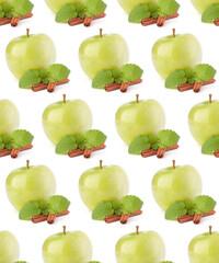 Green apple, cinnamon sticks and mint leaves still life . Seamless food pattern.