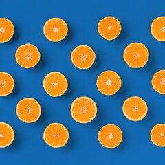 Fruit pattern of fresh orange tangerine or mandarin on blue background. Flat lay, top view. Pop art design, creative summer concept. Citrus in minimal style.