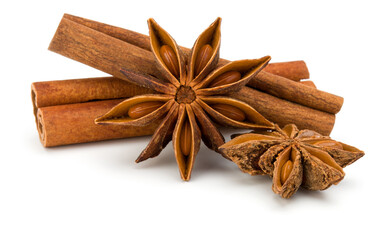 Cinnamon sticks and anise star isolated on white background close up