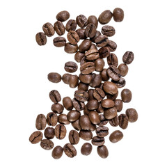 Coffee beans isolated on white background. Top view. Flat lay. Coffee beans flow in air, without shadow.