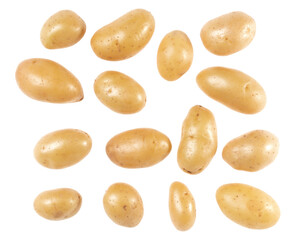 Potatoes isolated on white background. Top view. Flat lay pattern. Potatoes in air, without shadow.