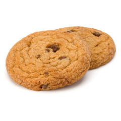 Two Chocolate chip cookies isolated on white background. Sweet biscuits. Homemade pastry.