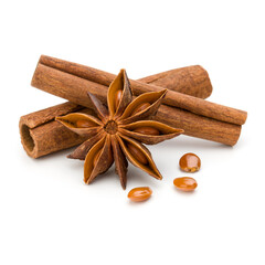 Cinnamon sticks and anise star isolated on white background close up