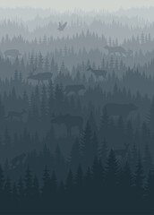 vector mountains forest background texture seamless pattern with animals: eagle, puma, bear, lynx, moose, wolf, deer, boar.