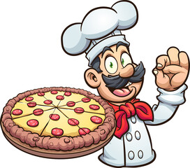 Chef holding a big pepperoni pizza cartoon. Vector clip art illustration. All on a single layer. 
