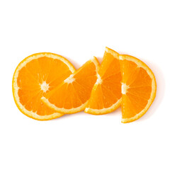 Orange fruit slice layout isolated on white background closeup. Food background. Flat lay, top view.