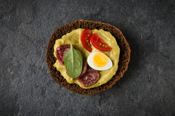 open Sandwich with sausage. Top view, flat lay.