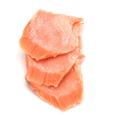 smoked salmon segments isolated on white background cutout. Prepared fish fillet fibres.