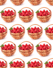 Red currants in basket isolated on white background cutout.Creative layout, fruit seamless pattern.