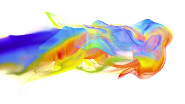 Iridescent multicolored rainbow color paint ink drops in water. Slow motion art background. Inky cloud swirling flowing underwater. Abstract smoke fluid liquid animation isolated on white alpha matte
