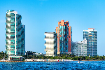 Fototapeta na wymiar Urban skyline of Miami city seen from the Biscayne Bay, Florida, USA