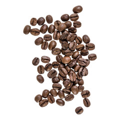 Coffee beans isolated on white background. Top view. Flat lay. Coffee beans flow in air, without shadow.