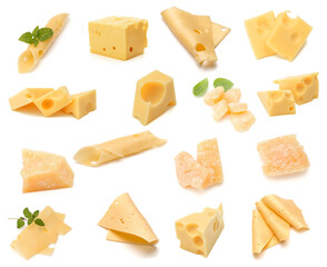 Cheese collection isolated over white background. Set of different cheeses.