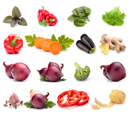 Vegetables collection isolated over white background. Set of different fresh raw veggies. Food ingredient. Healthy food concept.