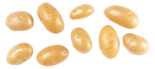 Potatoes isolated over white background. Top view. Flat lay pattern. Potatoes in air, without shadow.