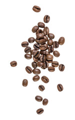 Coffee beans isolated over white background. Top view. Flat lay. Coffee beans flow in air, without shadow.