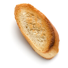 Toasted baguette slice isolated on white background close up.  Toast, crouton.   Top view..