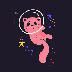 Kids cute illustration with cat in space. Space background. Print for T-shirts, textiles, web. Cat in a spacesuit. Flat vector illustration isolated on a dark background. 