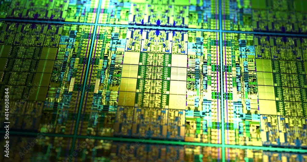 Poster close-up macro of modern cpu die chip processor on wafer for hi-tech background. detail of silicon w