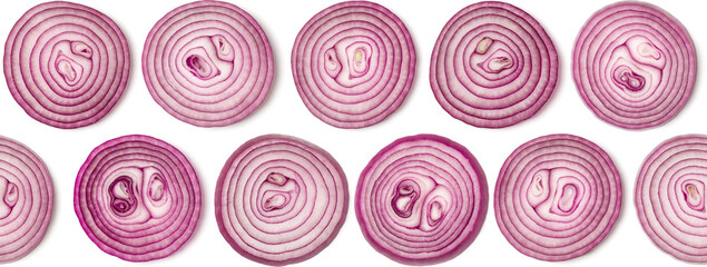 Creative layout made of onion slices. Flat lay, top view. Vegetables isolated on white background. Food ingredient seamless pattern.. Banner..