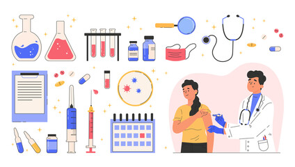 Concept poster with various objects that stand the invention of the vaccine and vaccination. Doctor makes a vaccine to female patient. Immunity health. Flat illustration isolated on white background. 