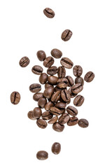 Coffee beans isolated on white background. Top view. Flat lay. Coffee beans flow in air, without shadow..