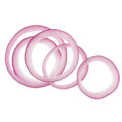  red onion slices isolated on white background. Top view. Flat lay. Red onion slice in air, without shadow..