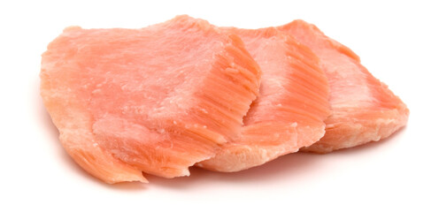 smoked salmon segments isolated on white background cutout. Prepared fish fillet fibres. ..